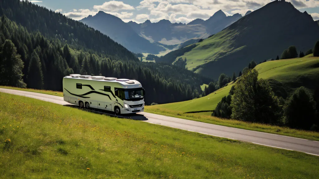 a motor home driving down a road in the mountains